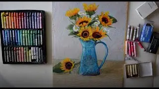 Энкаустика. Масляная пастель. Натюрморт с подсолнухами.
