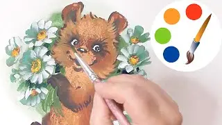 Daisies for David, Painting a bear with a bouquet of daisies with flat brushes