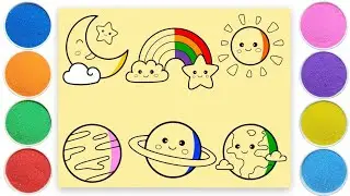 Sand Painting coloring Rainbow, planets and stars for kids and children