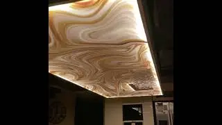 Stretch ceiling with print and integrated LED lights