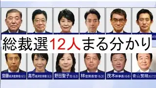 12人総裁選キャラ紹介まる分かり。12人の総裁選候補者を分かりやすく解説。