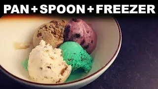 Ice cream made with a pan, a spoon and a freezer