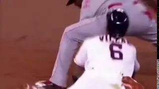 Baseball Game where Pitcher Runs Into the Catchers Butt GIF