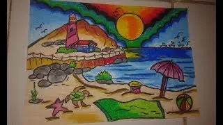cara menggambar dan mewarnai pemandangan alam (pantai)