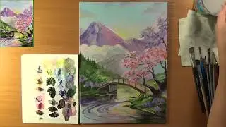Как нарисовать весенний пейзаж. Рисуем весну. Рисуем весенний пейзаж с мостиком. Акрил