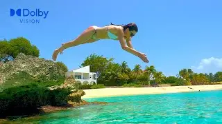 Beach Cliff Jumping Underwater Swimming Girl  ASMR 4K60 HDR video 