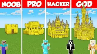 GOLD CASTLE BASE HOUSE BUILD CHALLENGE - Minecraft Battle: NOOB vs PRO vs HACKER vs GOD / Animation