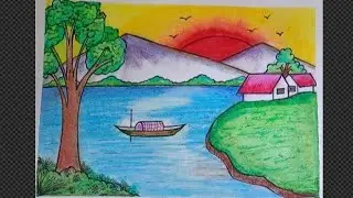 How to draw Easy Scenery with Oil Pastel colours / Easy Sunrise Scenery Drawing - Step by Step