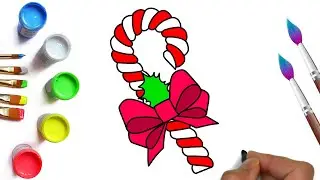 How to draw english Christmas candy, candy cane with a bow, drawings for kids at christmas