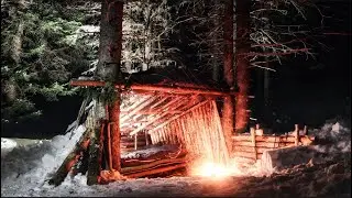 Winter Camping in our Wilderness Lean-to Bushcraft Shelter - Beautiful Bonfire in the Snow!