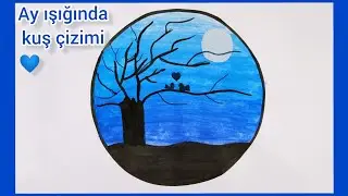 sulu boya ile manzara çizimi - ay ışığında kuş çizimi / watercolor drawing - landscape drawing