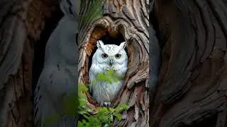 A owl sitting quietly in a tree, its large eyes observing the surroundings, framed by vibrant leaves