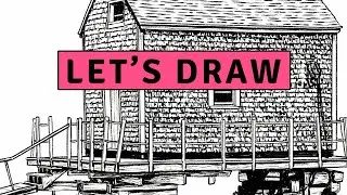 Old fishing house on the water - digital drawing time-lapse | procreate black and white illustratio