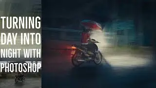 Use Adobe Photoshop to turn day into night, add light sources and rain