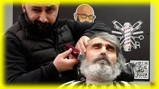 Mega beard transformation and hair trim old men treat