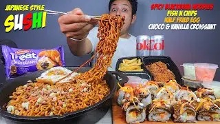 Spicy Korean Blackbean Noodles, Japanese Style Sushi, Fish N Chips, Half Fried Egg & Croissant