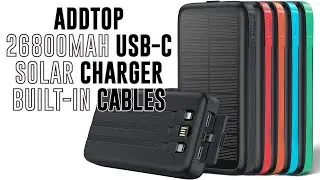ADDTOP Solar Charger 26800mAh Power Bank with 3 Built-in USB-C Lightning Cables