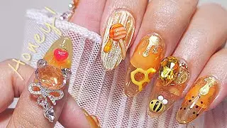 💛Honey glow vibes this summer!🍯 Dripping honey effect × crystal bear nail art!