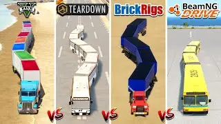 LONG ROAD TRAIN TRUCKS & ROAD TRAIN BUS in GTA 5 vs TEARDOWN vs BEAMNG vs BRICKRIGS - WHICH IS BEST?
