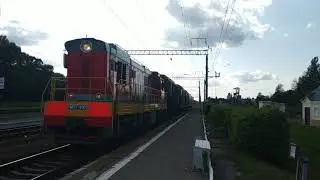 ЧМЭ3т-6901 с вагонами-хопперами проследует станцию Белые Берега