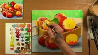 Как нарисовать яблоки. Рисуем яблоки в коробке. Натюрморт с яблоками. Акрил