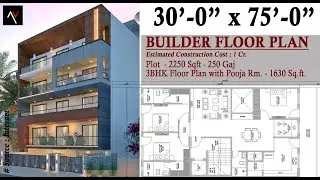 30'x75' House Design | 250 Gaj Builder Floor Plan | 3BHK with Pooja Room & Stilt Floor Parking
