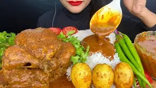 ASMR EATING WHOLE CHICKEN CURRY,EGG CURRY,GREEN CHILLI,WHITE RICE & SALAD *FOOD VIDEOS*