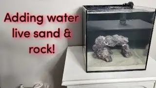 Nano reef tank build. Adding water, Ocean Direct live sand, and Caribsea live rock ep:15