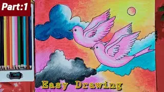 easy scenery drawing with birds |(Part:1)| how to draw a beautiful scenery with flying birds in sky