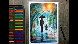 Easy and beautiful rain scenery drawing with soft pastels for beginners step by step