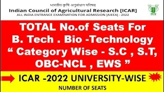 B.Tech Bio-Technology total number of seats - ICAR-2022  | University / Category-wise seats.