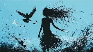 female silhouette with flowing hair and water splash droplets flying bird cg animated background