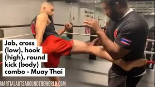Jab, cross (low), hook (high), round kick (body) combo - Muay Thai