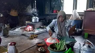 Dawn atmosphere in a house in the middle of a rice field