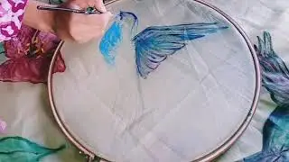 Flowers with Hummingbirds design in Light green Fabric Part 5 || Fabric painting