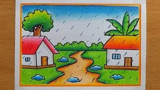 Rainy Day Scenery drawing easy| Rainy season Village scenery drawing| Rainy Season Beautiful scenery
