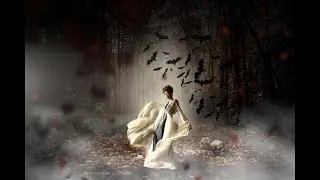 Photo composite of a lady in a dark forest