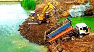 O.M.G..! What Happening In Project 10 Wheel Push Soil Into River For Make Downstair Foundations