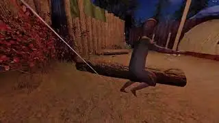 Манс между бревном и жёлтой палаткой на Maple Lodge Campsite | Phasmophobia