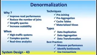 System Design 43 Denormalization Improve read performance High-traffic systems Real-time analytics