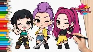 Draw and color Rumi, Mira, and Zoey from HUNTRIX K-POP Warriors 🎤👹🗡️💖 Drawings for Kids