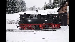 Mitfahrt auf dem Führerstand Lok 991568-7 der Preßnitztalbahn von Steinbach nach Jöhstadt im Winter