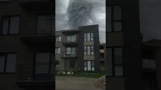 an apartment vs tornado behind the building swirling dust  