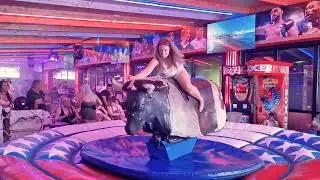 Spanish Resort Rodeo Pretty Girl vs Mechanical Bull!  Benidorm Bull Ride 4K  EPIC FAIL 22 Mega