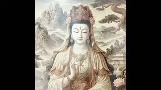 观音面带慈悲微笑，背景是中国标志性的泰山，山峰云雾缭绕，古老的石阶，营造出一种宁静而神圣的氛围。观音身着飘逸的长袍，优雅地坐在那里，姿势平和、冥想。#佛教 #观世音菩萨 #佛教歌曲 #佛教音乐 #佛法
