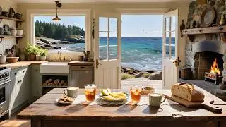 Sunny Oceanfront Kitchen ☀️ Ocean Waves & Fireplace Ambience | Summer Study, Focus, Relaxation