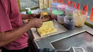 The process of making toast by thinly slicing bananas as jam.