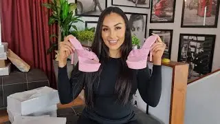 Ashley Unboxes Baby Pink 6 Inch High Heel Platform Shoes With Cross Strap And Pink Weave Upper