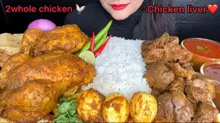 ASMR EATING SPICY WHOLE CHICKEN CURRY,CHICKEN LIVER CURRY,GREEN CHILLI,EGG MASALA,WHITE RICE,SALAD