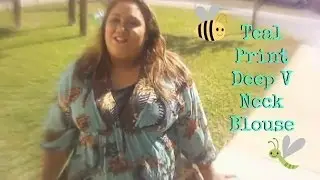 Plus Size Outfit of the Day: Teal Print shirt with Black Flats OOTD